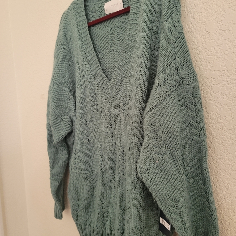 Lucky Brand- Womens Green Oversized Long Sleeve V Neck Sweater, Size Medium NWT
